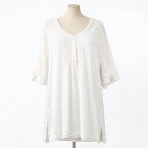 Gretty Zueger 100% Cotton White Lace Tunic Blouse L Boho Coastal Romantic Indie